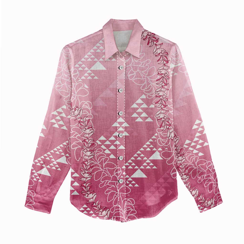 Hawaii Rose Pink Kapa Women Casual Shirt Vintage 'Ohe Kāpala Motifs Mix Plumeria Leis