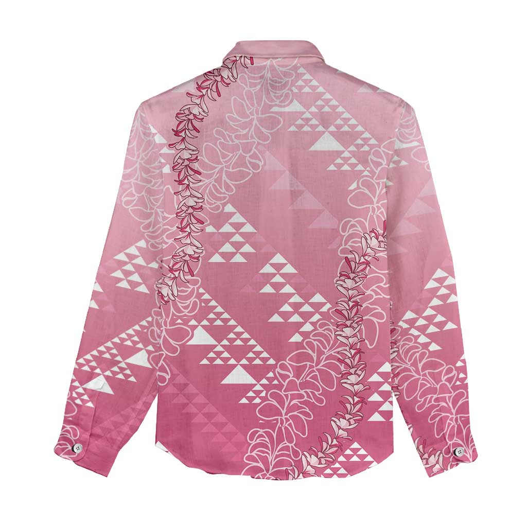 Hawaii Rose Pink Kapa Women Casual Shirt Vintage 'Ohe Kāpala Motifs Mix Plumeria Leis