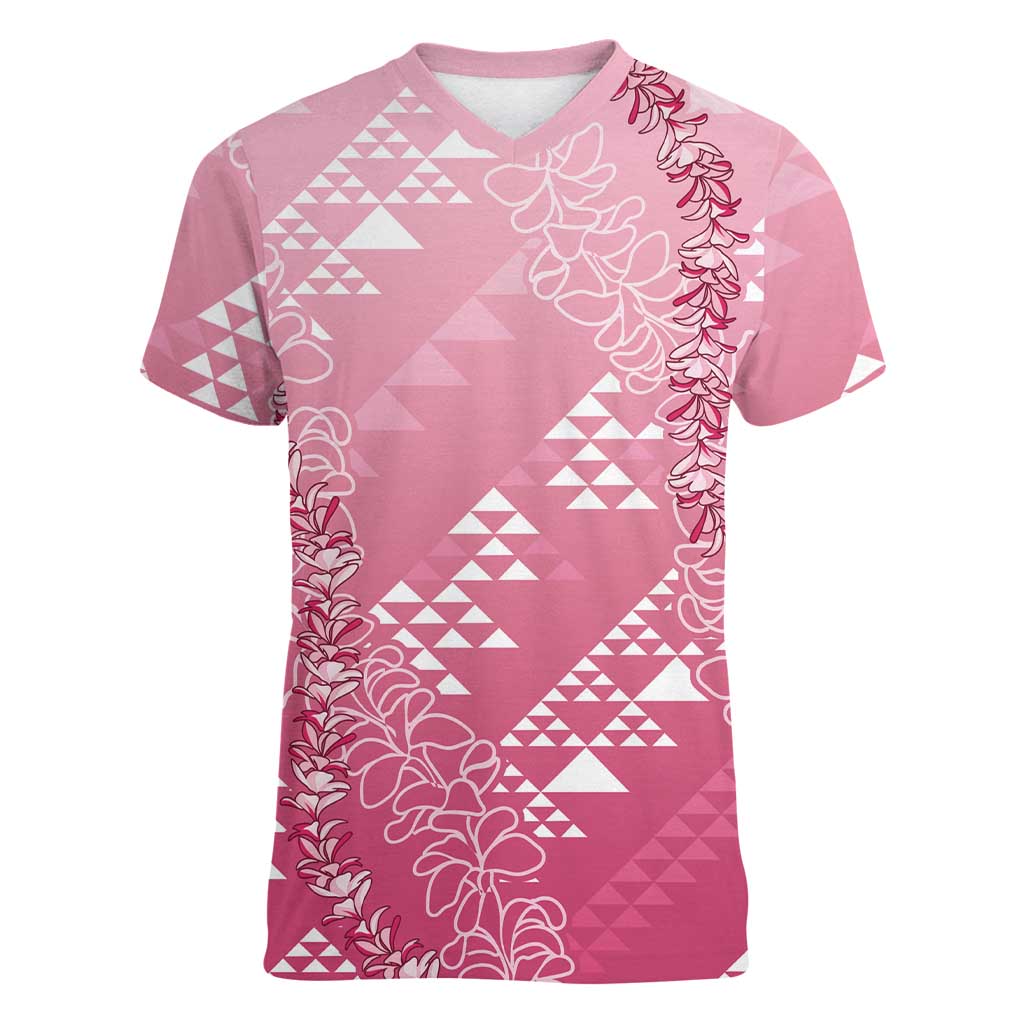 Hawaii Rose Pink Kapa Women V-Neck T-Shirt Vintage 'Ohe Kāpala Motifs Mix Plumeria Leis