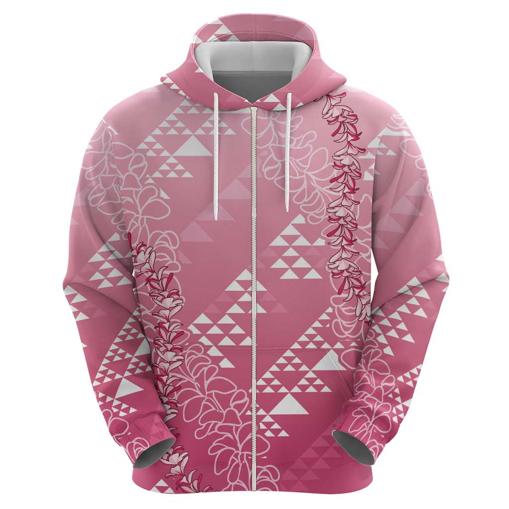 Hawaii Rose Pink Kapa Zip Hoodie Vintage 'Ohe Kāpala Motifs Mix Plumeria Leis