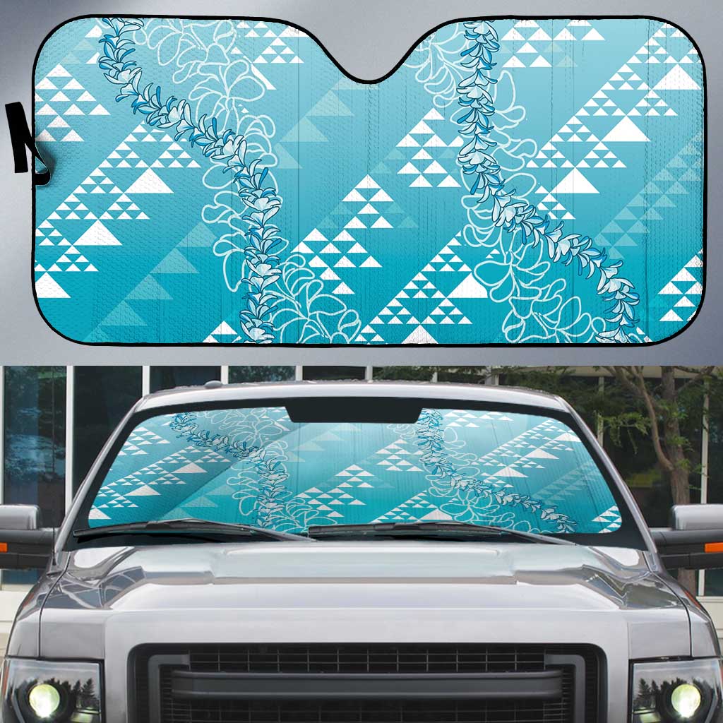 Hawaii Turquoise Kapa Auto Sun Shade Vintage 'Ohe Kāpala Motifs Mix Plumeria Leis