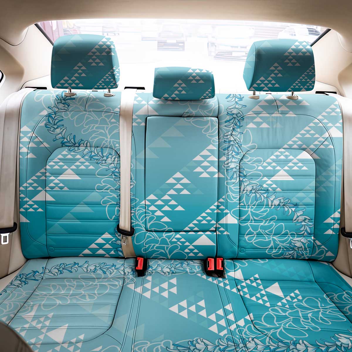 Hawaii Turquoise Kapa Back Car Seat Cover Vintage 'Ohe Kāpala Motifs Mix Plumeria Leis