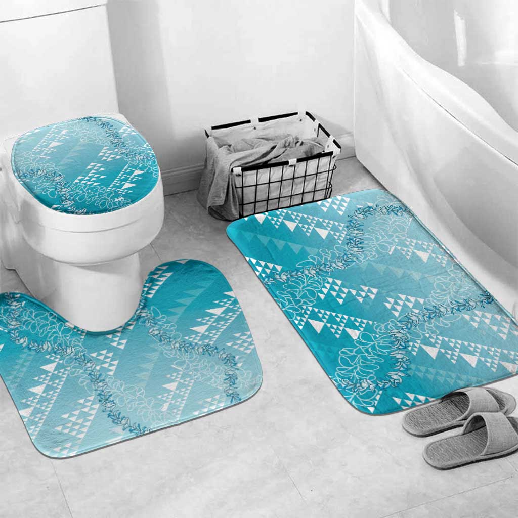 Hawaii Turquoise Kapa Bathroom Set Vintage 'Ohe Kāpala Motifs Mix Plumeria Leis LT7 Mat Set Only (3 pcs) One Size Turquoise - Polynesian Pride