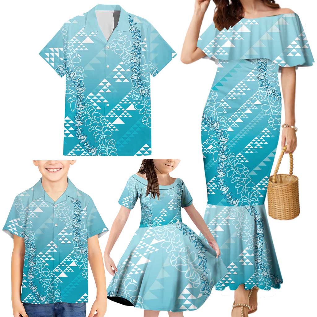 Hawaii Turquoise Kapa Family Matching Mermaid Dress and Hawaiian Shirt Vintage 'Ohe Kāpala Motifs Mix Plumeria Leis LT7 - Polynesian Pride