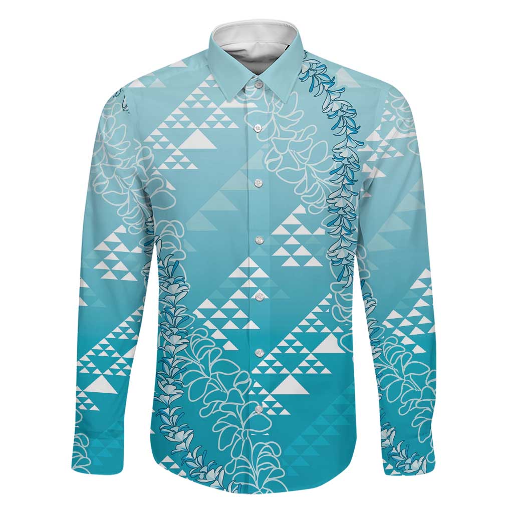 Hawaii Turquoise Kapa Family Matching Off The Shoulder Long Sleeve Dress and Hawaiian Shirt Vintage 'Ohe Kāpala Motifs Mix Plumeria Leis LT7 Dad's Shirt - Long Sleeve Turquoise - Polynesian Pride