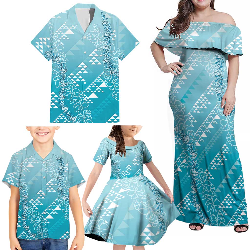 Hawaii Turquoise Kapa Family Matching Off Shoulder Maxi Dress and Hawaiian Shirt Vintage 'Ohe Kāpala Motifs Mix Plumeria Leis LT7 - Polynesian Pride