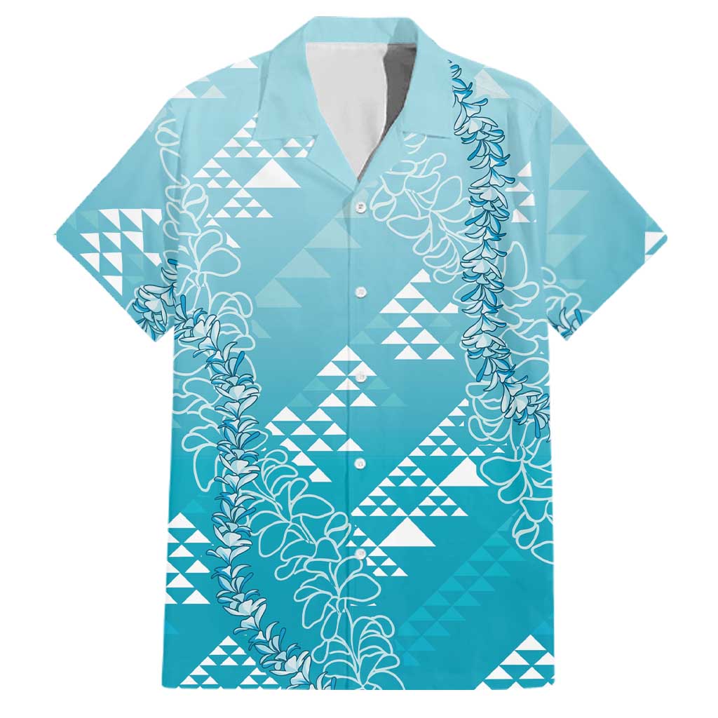 Hawaii Turquoise Kapa Family Matching Off Shoulder Maxi Dress and Hawaiian Shirt Vintage 'Ohe Kāpala Motifs Mix Plumeria Leis LT7 Dad's Shirt - Short Sleeve Turquoise - Polynesian Pride