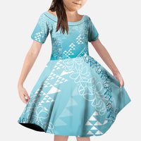 Hawaii Turquoise Kapa Family Matching Summer Maxi Dress and Hawaiian Shirt Vintage 'Ohe Kāpala Motifs Mix Plumeria Leis LT7 Daughter's Dress Turquoise - Polynesian Pride