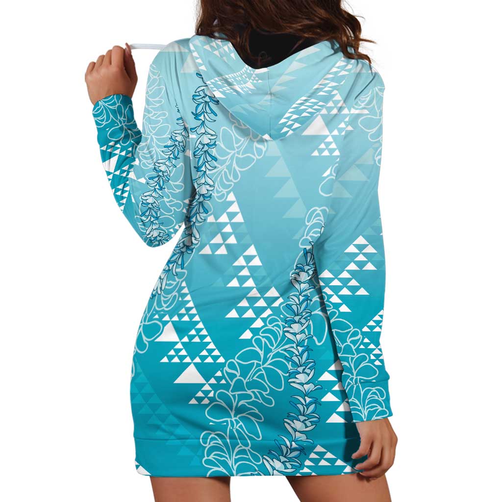 Hawaii Turquoise Kapa Hoodie Dress Vintage 'Ohe Kāpala Motifs Mix Plumeria Leis