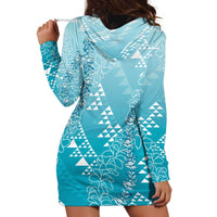 Hawaii Turquoise Kapa Hoodie Dress Vintage 'Ohe Kāpala Motifs Mix Plumeria Leis