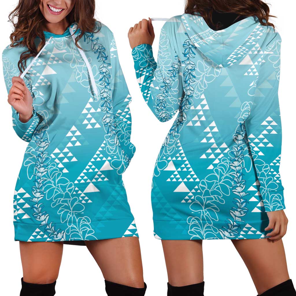 Hawaii Turquoise Kapa Hoodie Dress Vintage 'Ohe Kāpala Motifs Mix Plumeria Leis