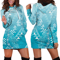 Hawaii Turquoise Kapa Hoodie Dress Vintage 'Ohe Kāpala Motifs Mix Plumeria Leis
