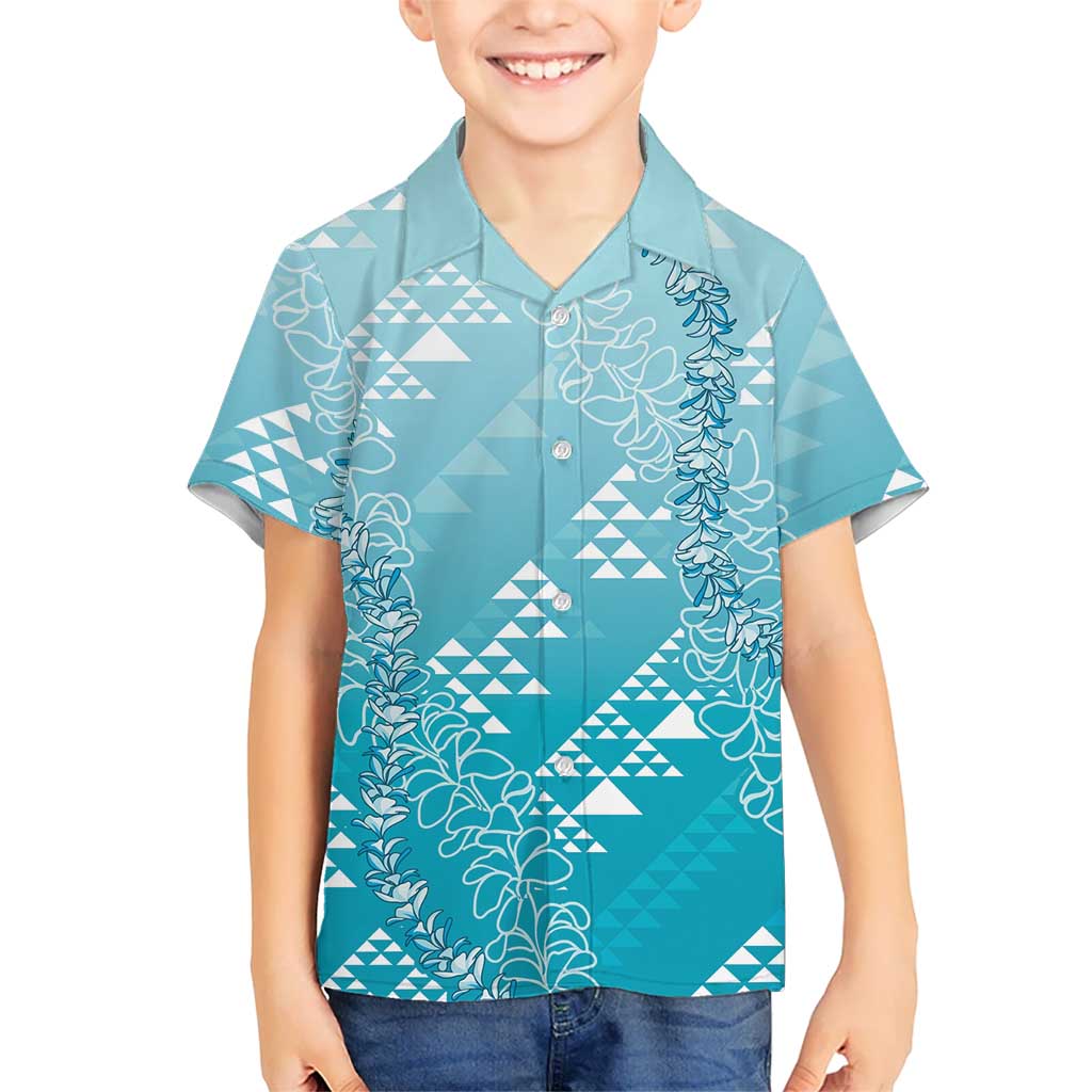 Hawaii Turquoise Kapa Kid Hawaiian Shirt Vintage 'Ohe Kāpala Motifs Mix Plumeria Leis