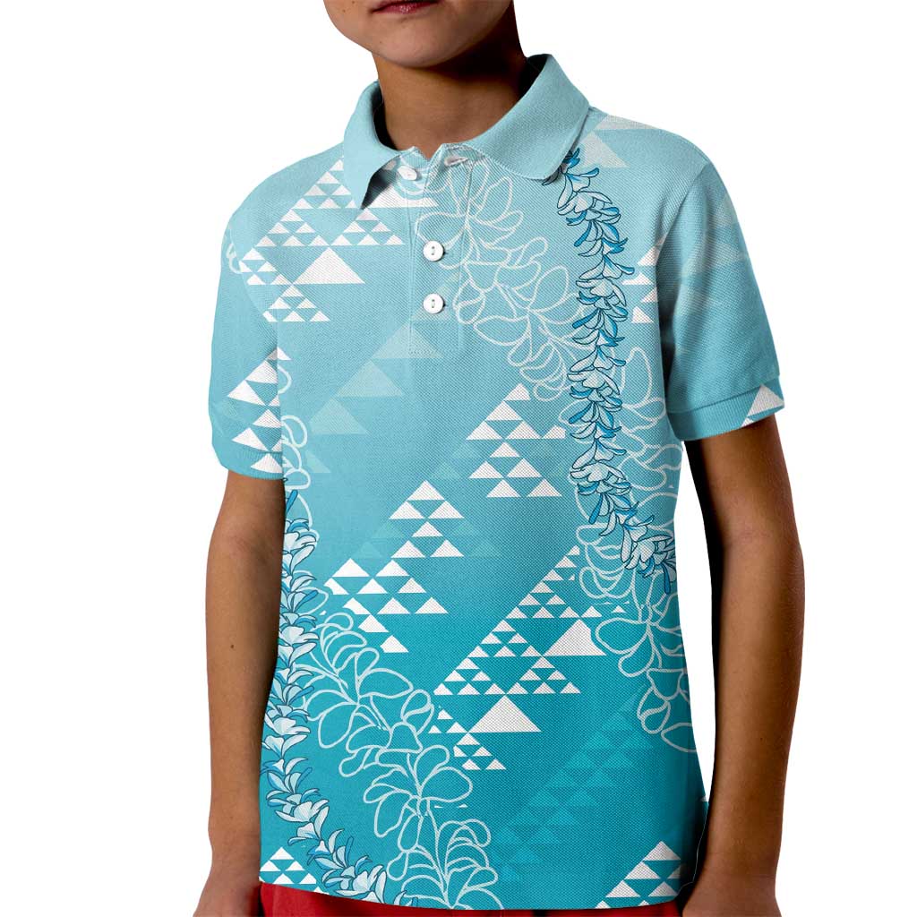 Hawaii Turquoise Kapa Kid Polo Shirt Vintage 'Ohe Kāpala Motifs Mix Plumeria Leis