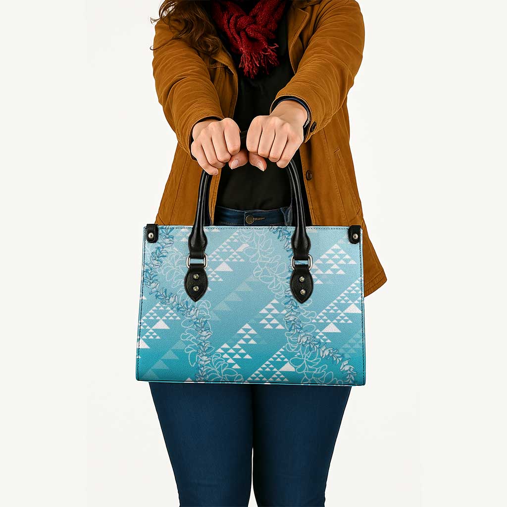 Hawaii Turquoise Kapa Leather Bag Vintage 'Ohe Kāpala Motifs Mix Plumeria Leis