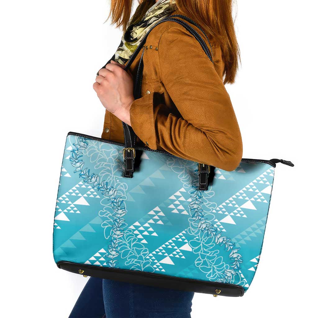 Hawaii Turquoise Kapa Leather Tote Bag Vintage 'Ohe Kāpala Motifs Mix Plumeria Leis