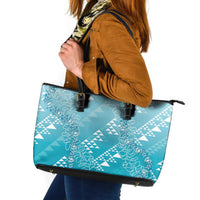 Hawaii Turquoise Kapa Leather Tote Bag Vintage 'Ohe Kāpala Motifs Mix Plumeria Leis