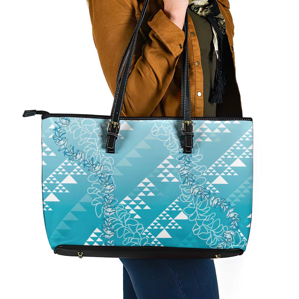 Hawaii Turquoise Kapa Leather Tote Bag Vintage 'Ohe Kāpala Motifs Mix Plumeria Leis
