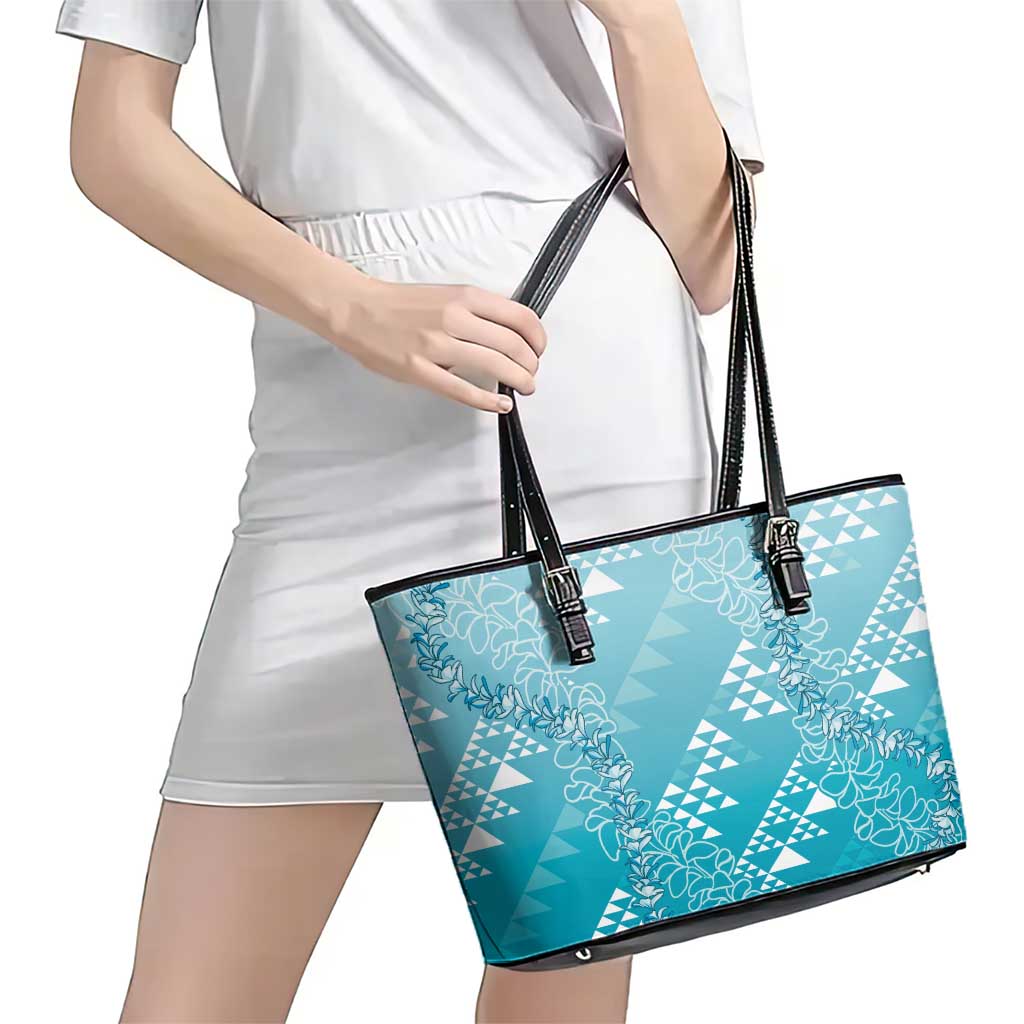 Hawaii Turquoise Kapa Leather Tote Bag Vintage 'Ohe Kāpala Motifs Mix Plumeria Leis