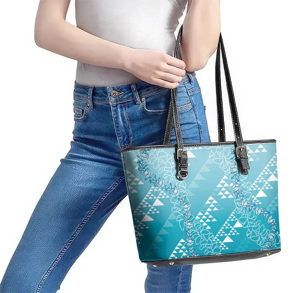 Hawaii Turquoise Kapa Leather Tote Bag Vintage 'Ohe Kāpala Motifs Mix Plumeria Leis