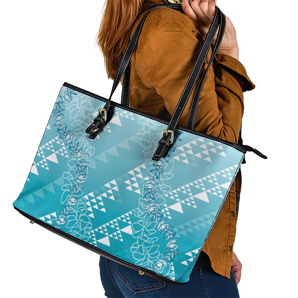 Hawaii Turquoise Kapa Leather Tote Bag Vintage 'Ohe Kāpala Motifs Mix Plumeria Leis