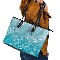 Hawaii Turquoise Kapa Leather Tote Bag Vintage 'Ohe Kāpala Motifs Mix Plumeria Leis