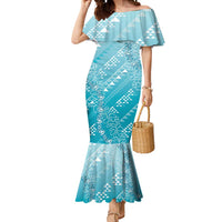 Hawaii Turquoise Kapa Mermaid Dress Vintage 'Ohe Kāpala Motifs Mix Plumeria Leis