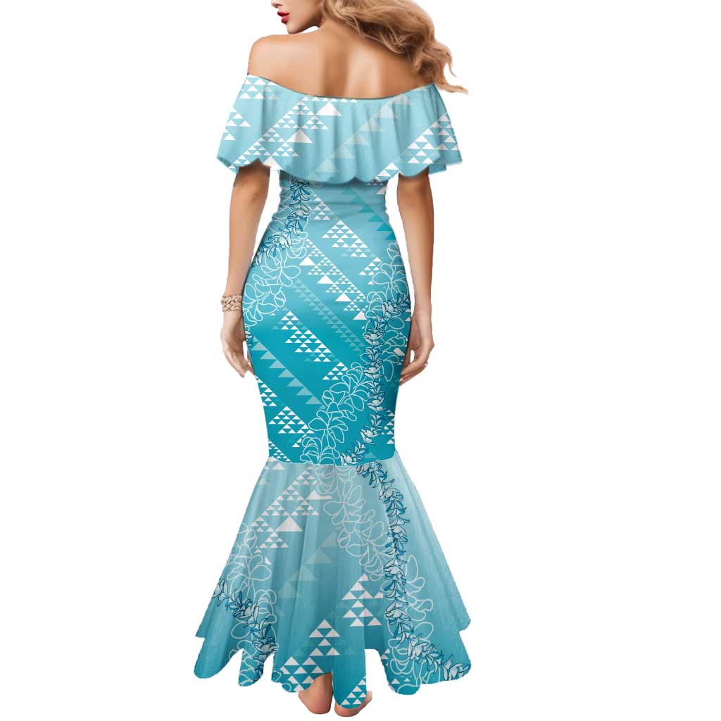 Hawaii Turquoise Kapa Mermaid Dress Vintage 'Ohe Kāpala Motifs Mix Plumeria Leis