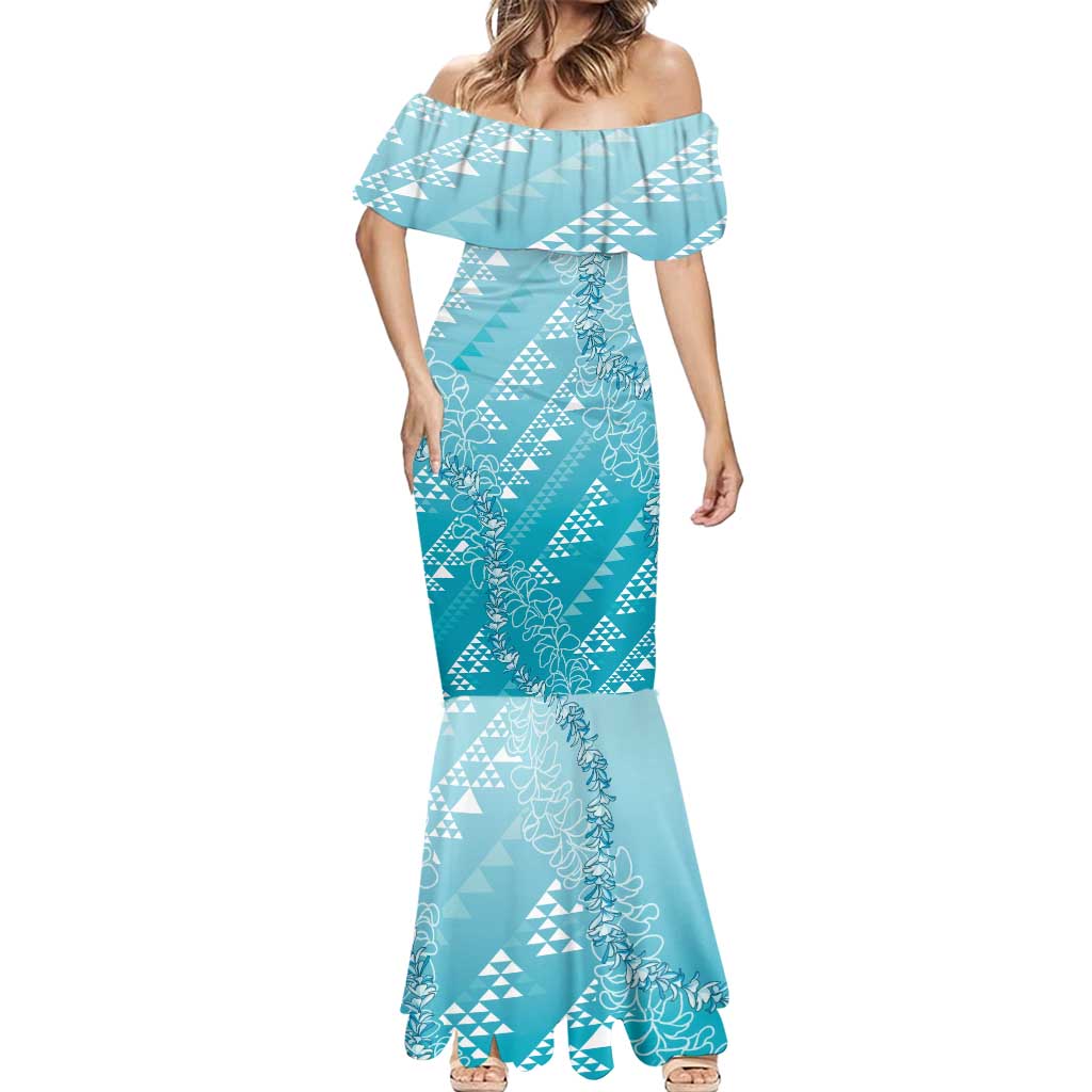 Hawaii Turquoise Kapa Mermaid Dress Vintage 'Ohe Kāpala Motifs Mix Plumeria Leis
