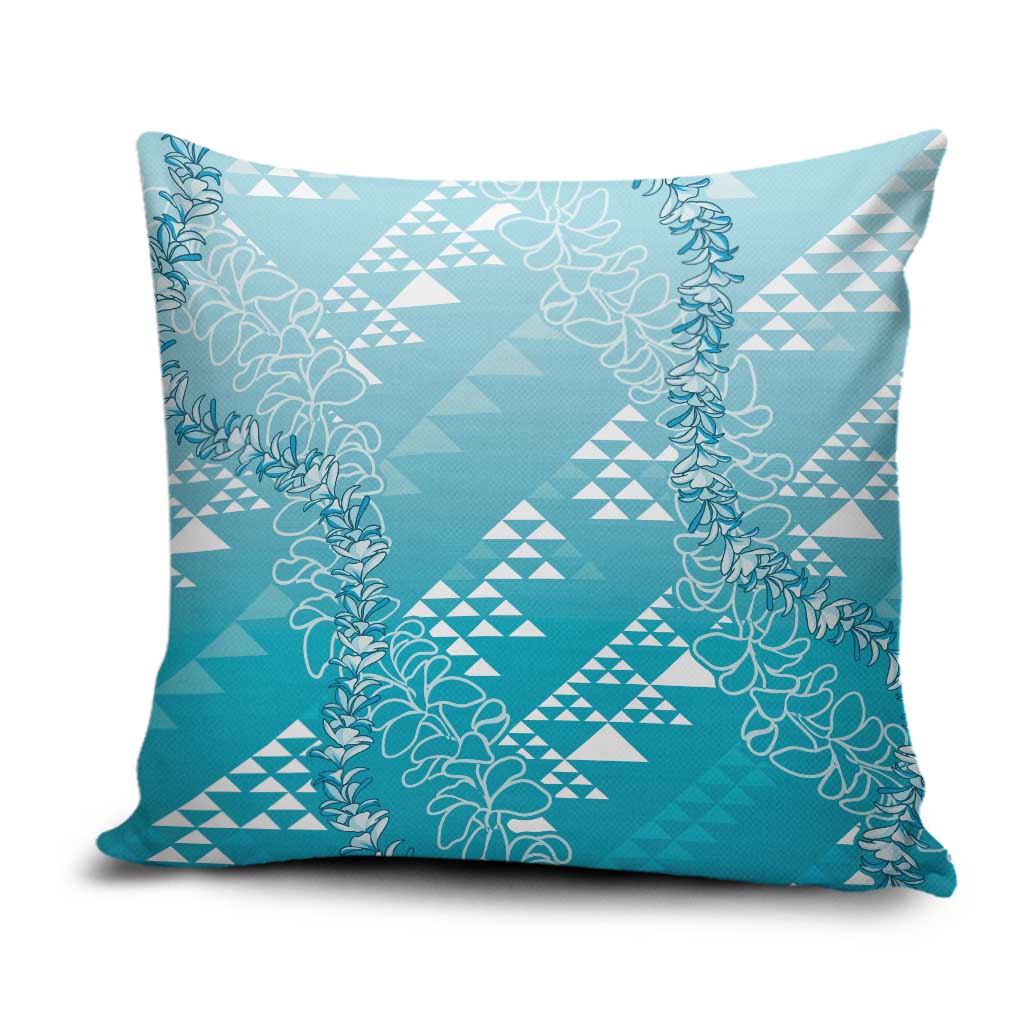 Hawaii Turquoise Kapa Pillow Cover Vintage 'Ohe Kāpala Motifs Mix Plumeria Leis