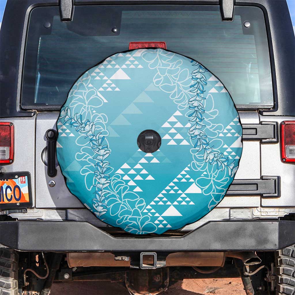 Hawaii Turquoise Kapa Spare Tire Cover Vintage 'Ohe Kāpala Motifs Mix Plumeria Leis