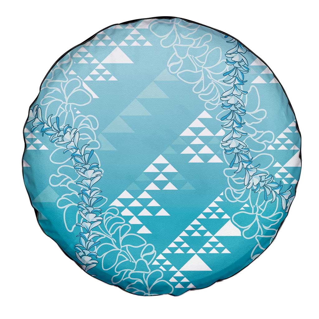 Hawaii Turquoise Kapa Spare Tire Cover Vintage 'Ohe Kāpala Motifs Mix Plumeria Leis