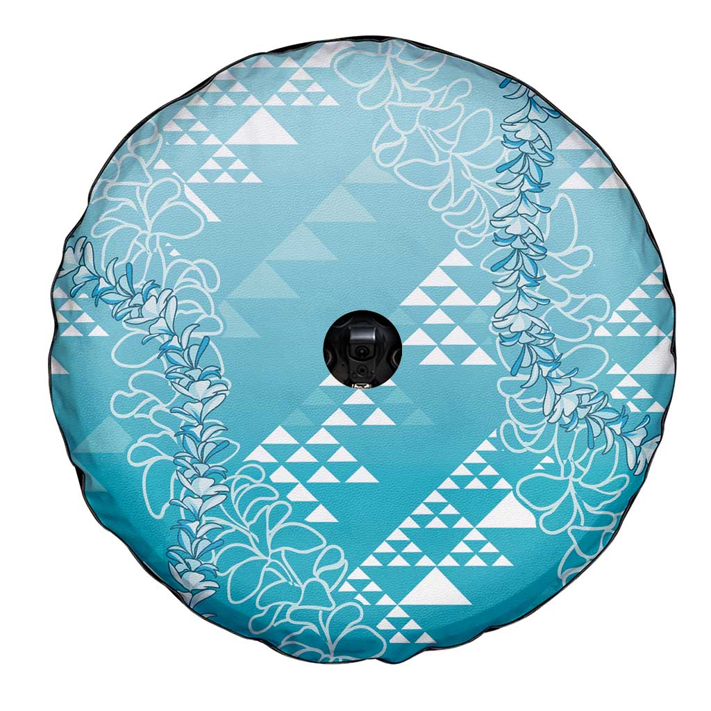Hawaii Turquoise Kapa Spare Tire Cover Vintage 'Ohe Kāpala Motifs Mix Plumeria Leis