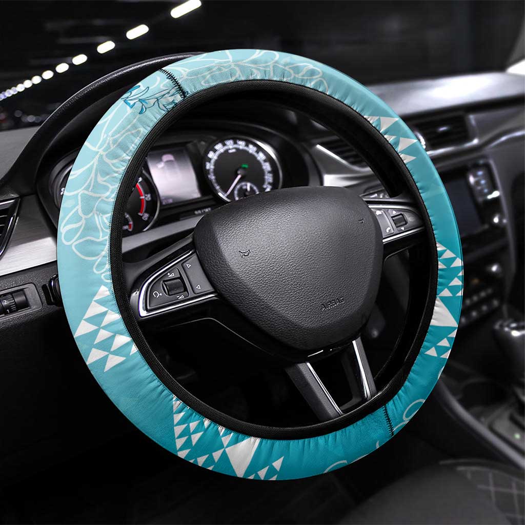 Hawaii Turquoise Kapa Steering Wheel Cover Vintage 'Ohe Kāpala Motifs Mix Plumeria Leis