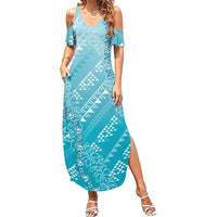 Hawaii Turquoise Kapa Summer Maxi Dress Vintage 'Ohe Kāpala Motifs Mix Plumeria Leis