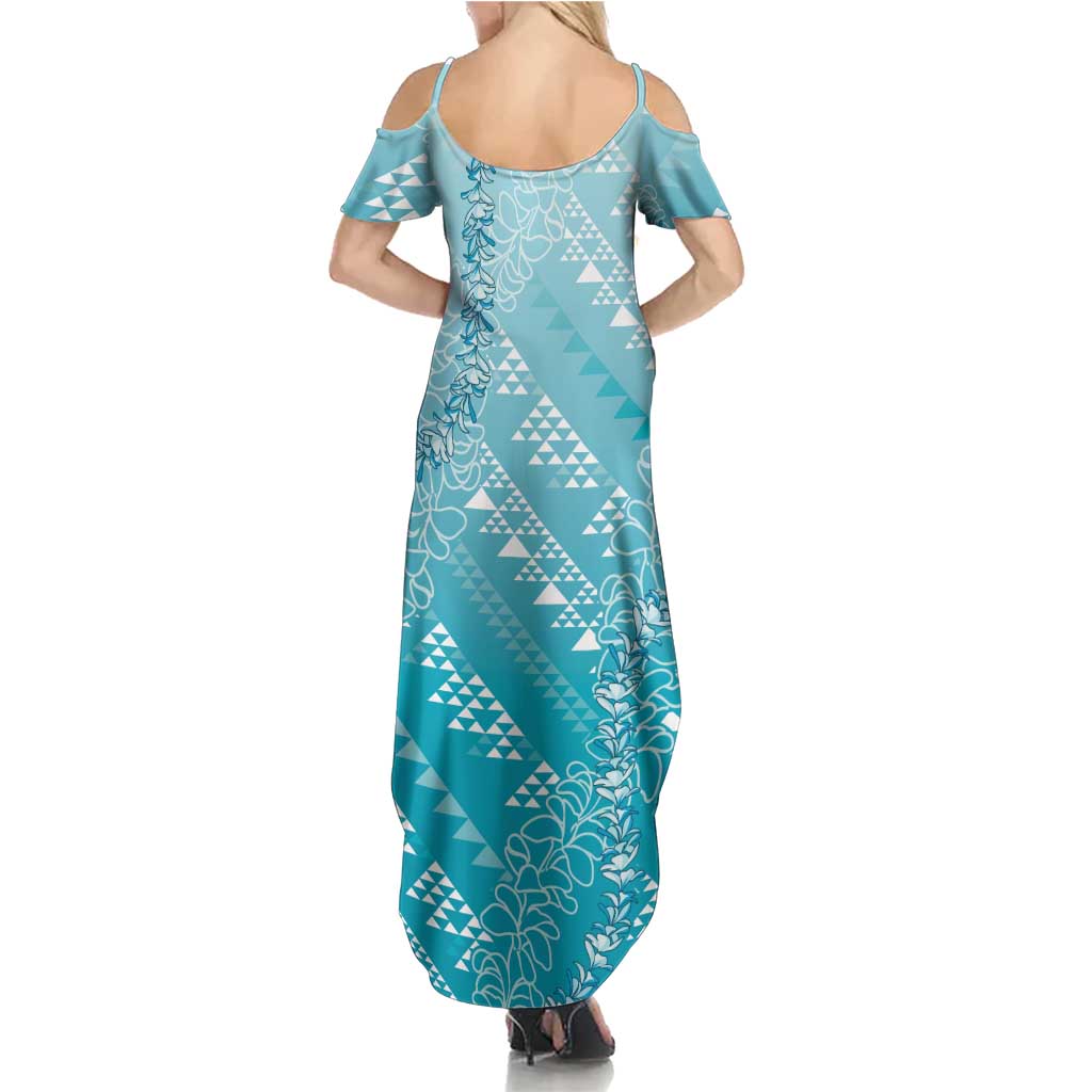 Hawaii Turquoise Kapa Summer Maxi Dress Vintage 'Ohe Kāpala Motifs Mix Plumeria Leis
