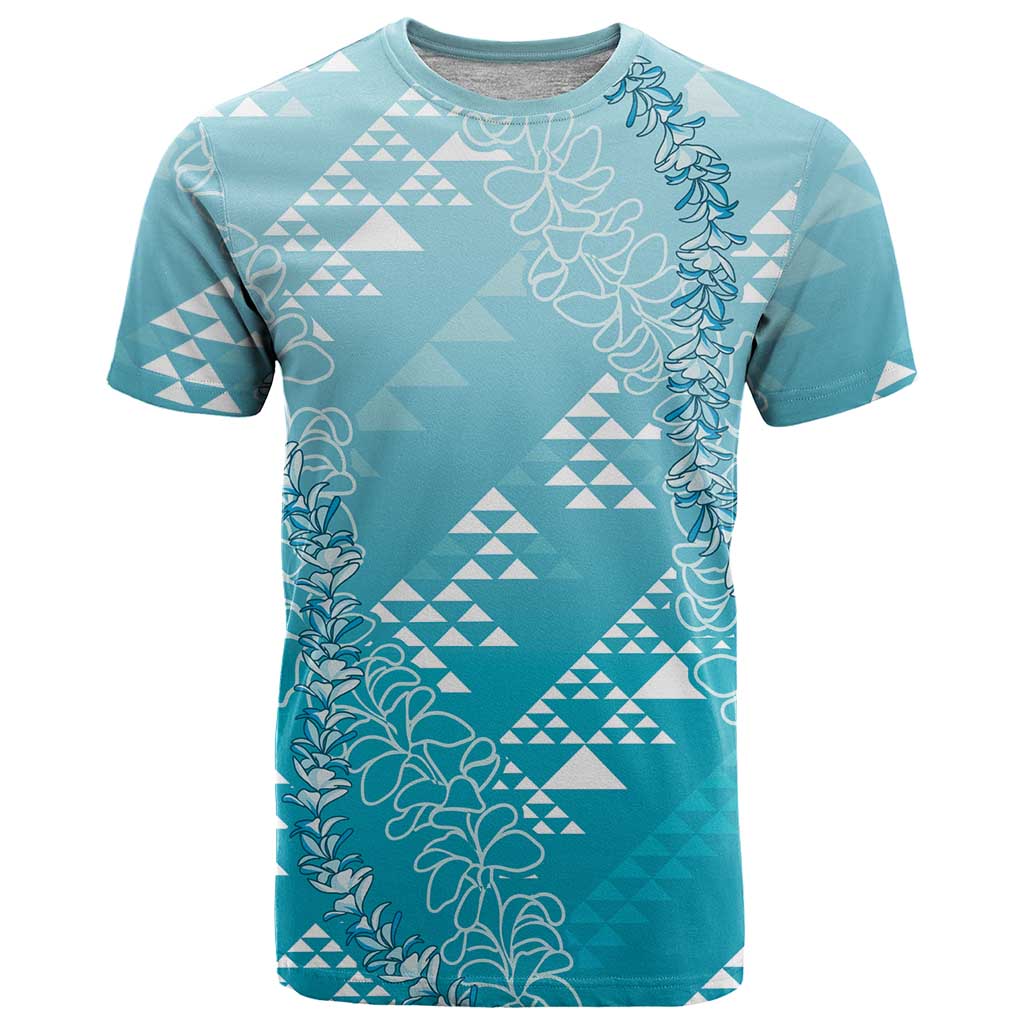 Hawaii Turquoise Kapa T Shirt Vintage 'Ohe Kāpala Motifs Mix Plumeria Leis