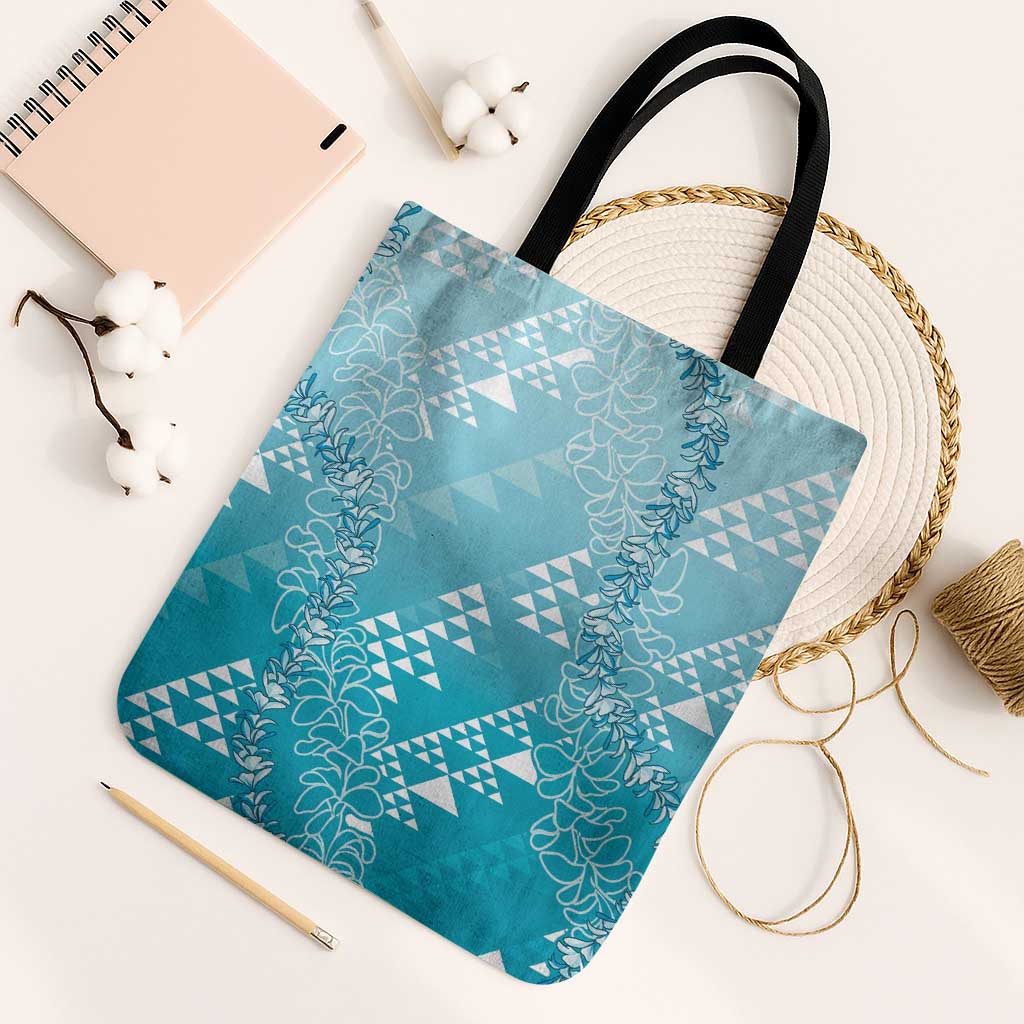 Hawaii Turquoise Kapa Tote Bag Vintage 'Ohe Kāpala Motifs Mix Plumeria Leis