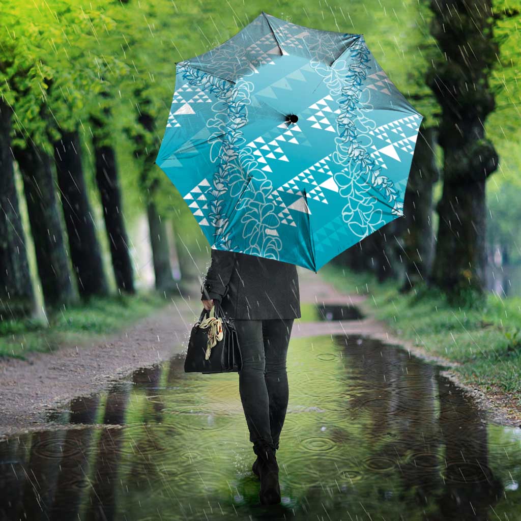 Hawaii Turquoise Kapa Umbrella Vintage 'Ohe Kāpala Motifs Mix Plumeria Leis