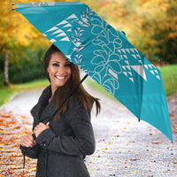 Hawaii Turquoise Kapa Umbrella Vintage 'Ohe Kāpala Motifs Mix Plumeria Leis