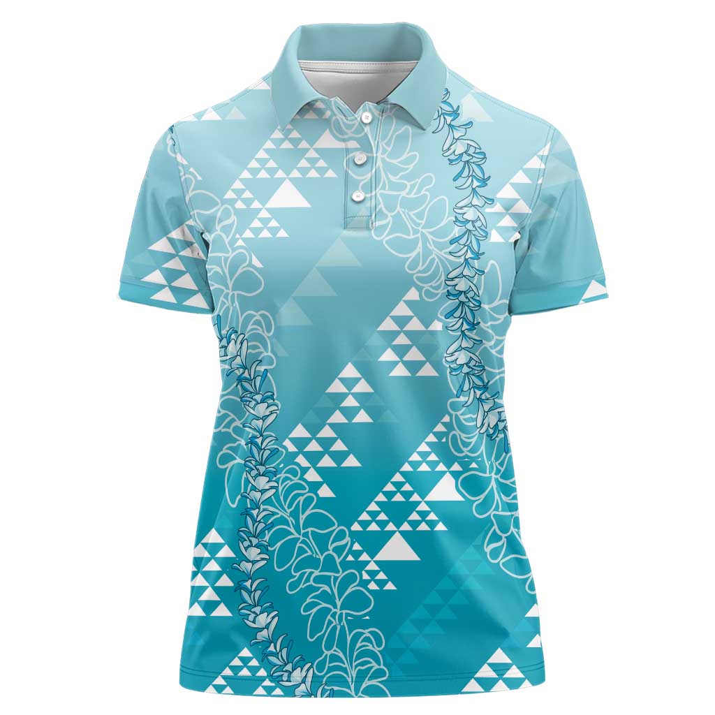 Hawaii Turquoise Kapa Women Polo Shirt Vintage 'Ohe Kāpala Motifs Mix Plumeria Leis LT7 Female Turquoise - Polynesian Pride