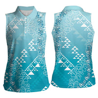 Hawaii Turquoise Kapa Women Sleeveless Polo Shirt Vintage 'Ohe Kāpala Motifs Mix Plumeria Leis