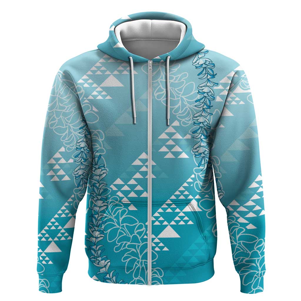 Hawaii Turquoise Kapa Zip Hoodie Vintage 'Ohe Kāpala Motifs Mix Plumeria Leis