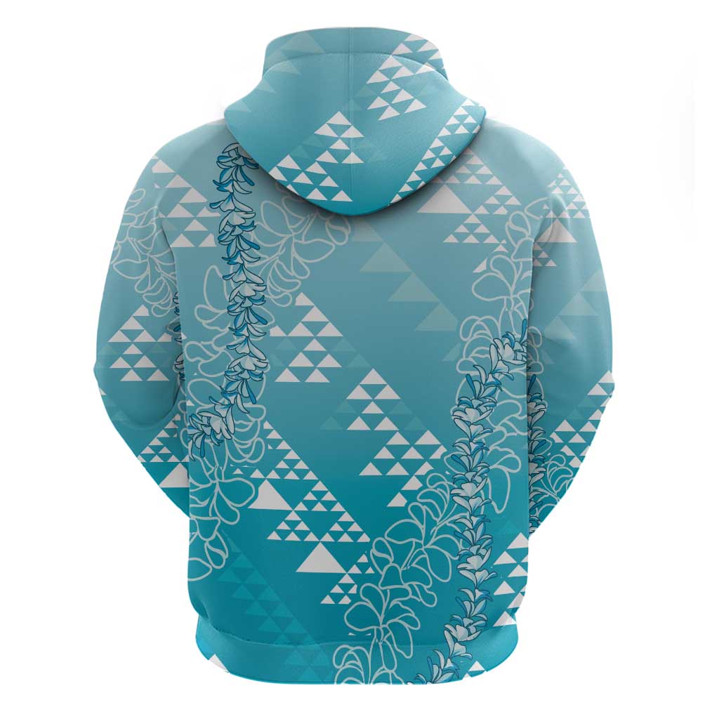 Hawaii Turquoise Kapa Zip Hoodie Vintage 'Ohe Kāpala Motifs Mix Plumeria Leis