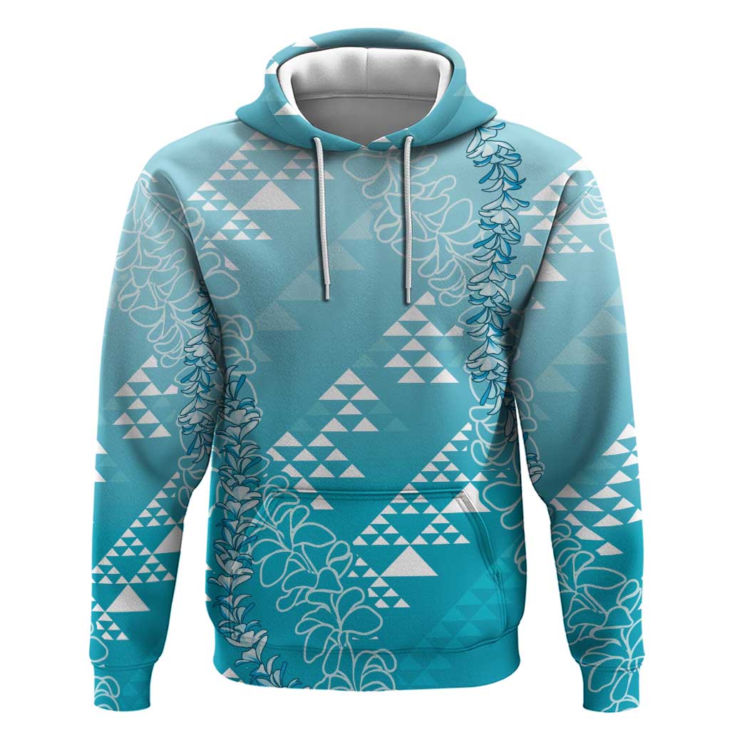 Hawaii Turquoise Kapa Zip Hoodie Vintage 'Ohe Kāpala Motifs Mix Plumeria Leis