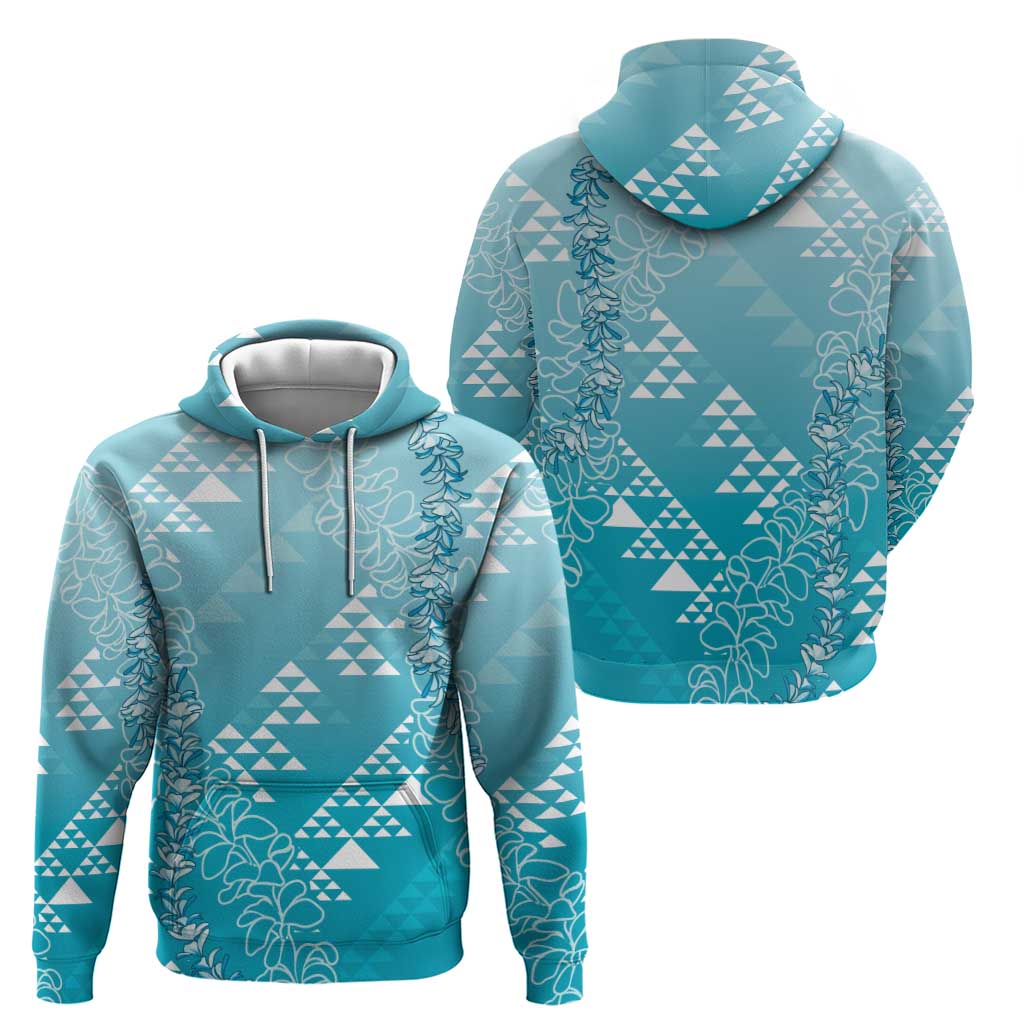 Hawaii Turquoise Kapa Zip Hoodie Vintage 'Ohe Kāpala Motifs Mix Plumeria Leis