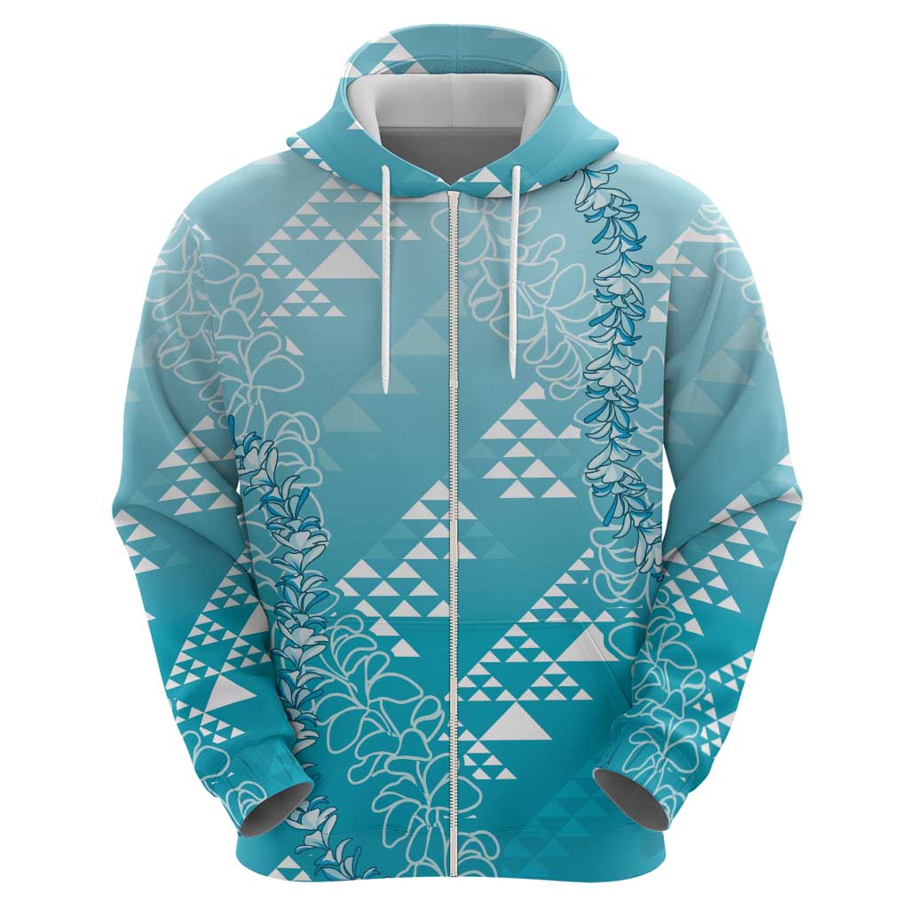 Hawaii Turquoise Kapa Zip Hoodie Vintage 'Ohe Kāpala Motifs Mix Plumeria Leis
