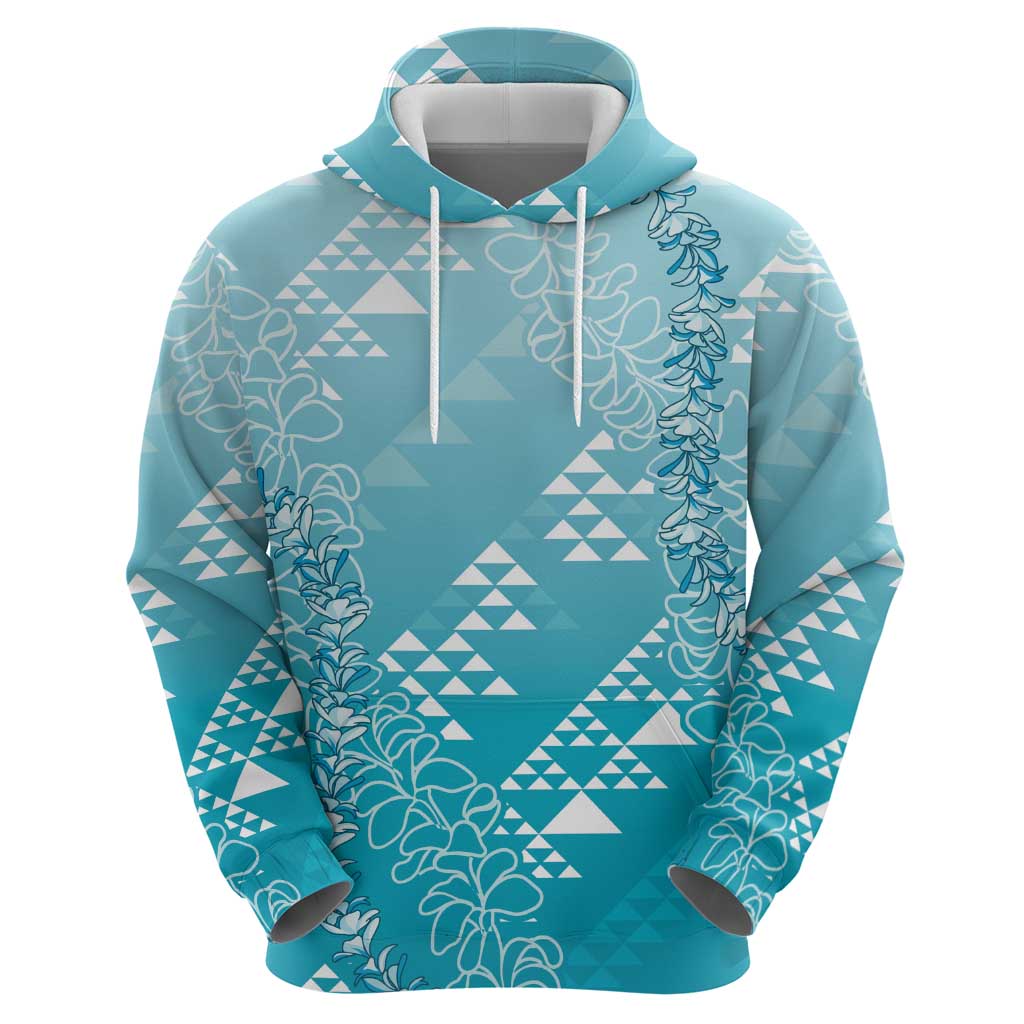 Hawaii Turquoise Kapa Zip Hoodie Vintage 'Ohe Kāpala Motifs Mix Plumeria Leis