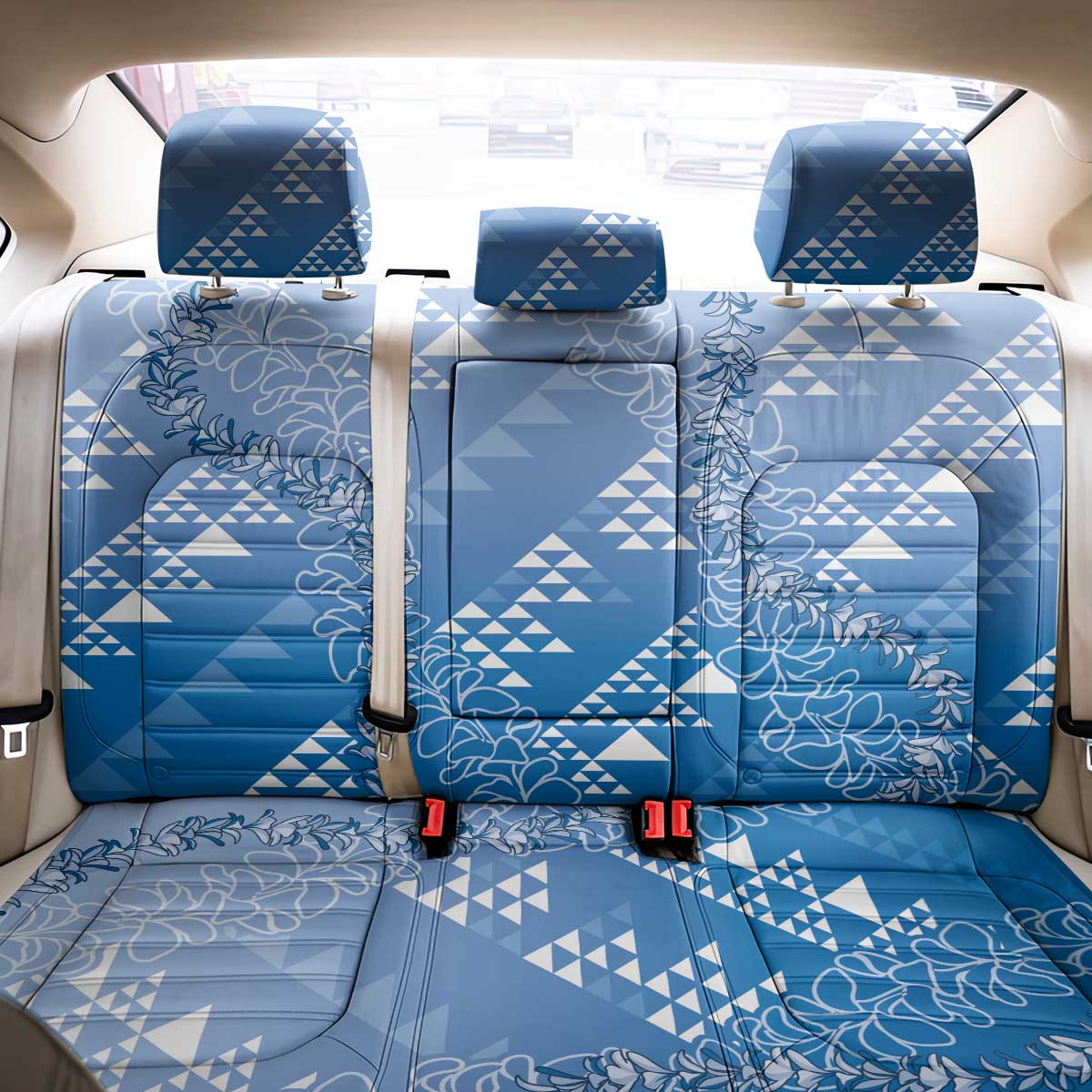 Hawaii Royal Blue Kapa Back Car Seat Cover Vintage 'Ohe Kāpala Motifs Mix Plumeria Leis