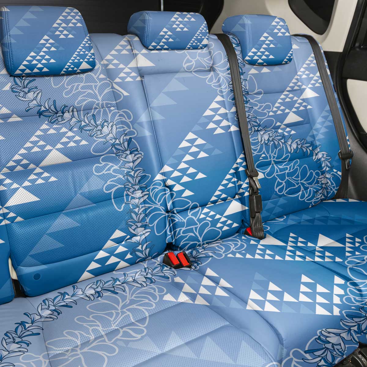 Hawaii Royal Blue Kapa Back Car Seat Cover Vintage 'Ohe Kāpala Motifs Mix Plumeria Leis